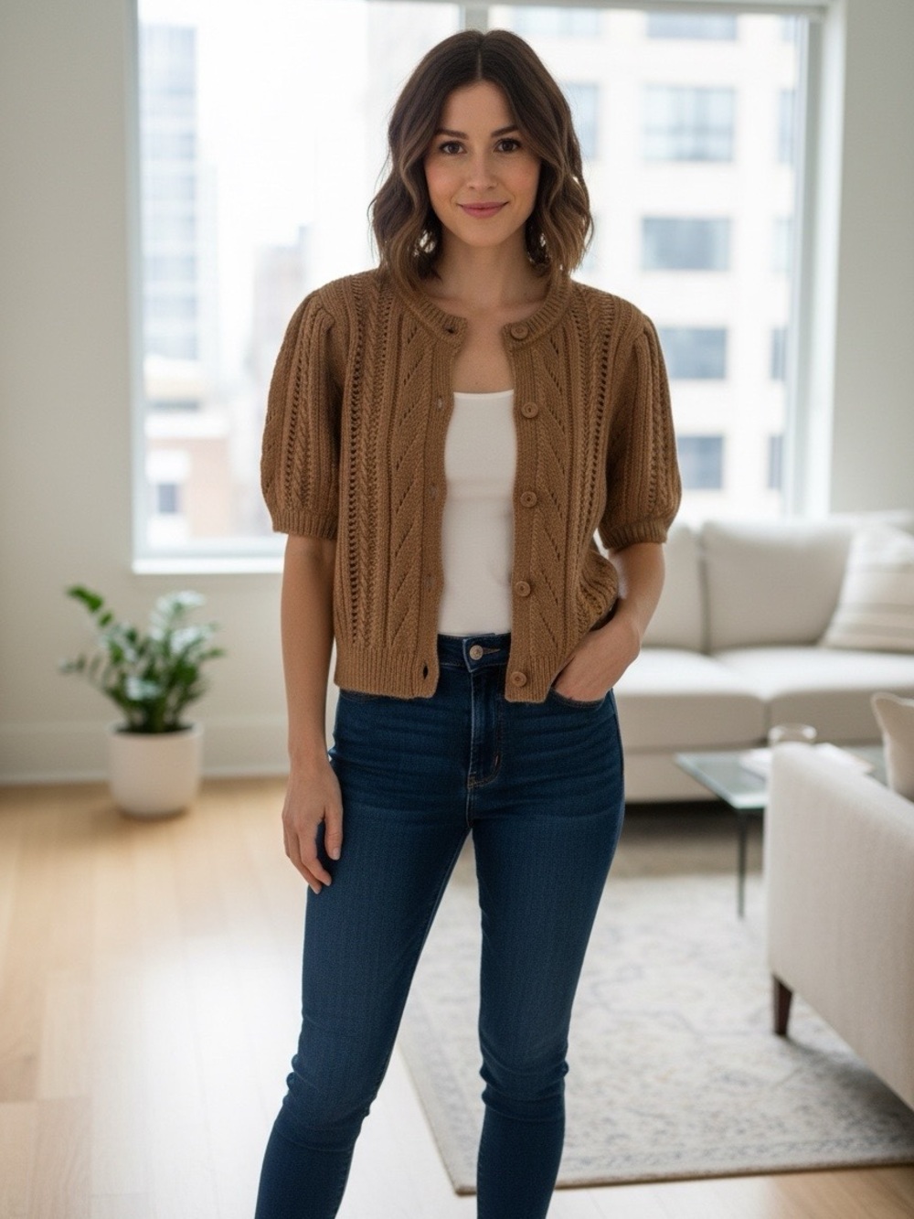 Design History Cozy Tan Button-Up Knit Top
